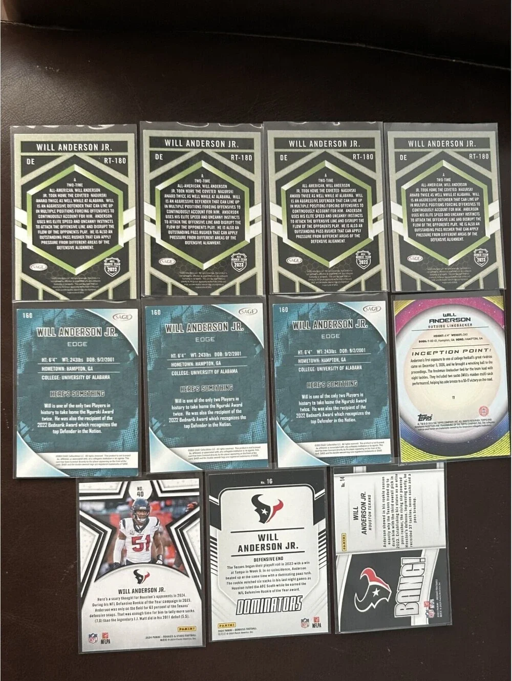 2023 DE WILL ANDERSON SAGE/TOPPS ROOKIE CARDS + 2024 PANINI LOT-11 NFL CARDS NM